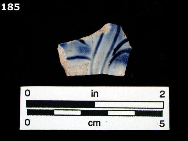 STONEWARE, WHITE SALT GLAZED, DEBASED SCRATCH BLUE specimen 185 
