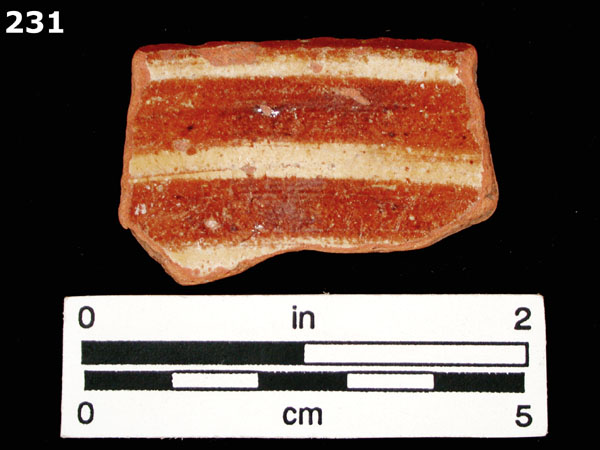 SLIPWARE, SLIP-TRAILED REDWARE specimen 231 front view