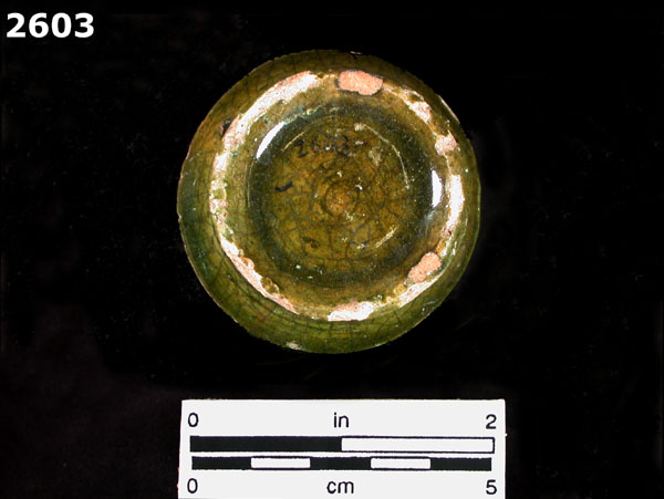 GREEN LEAD GLAZED COARSE EARTHENWARE specimen 2603 rear view