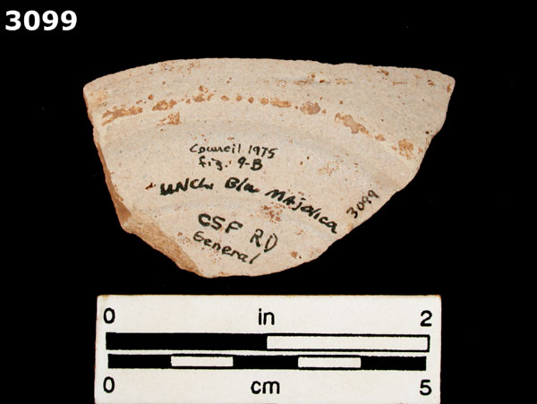 UNIDENTIFIED BLUE ON WHITE MAJOLICA, IBERIA specimen 3099 rear view