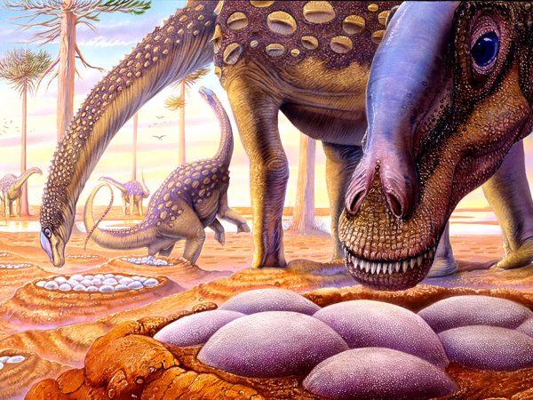 painting of dinosaur next to nest of eggs