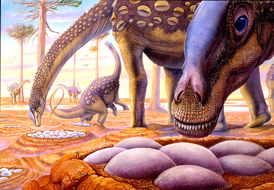 painting of dinosaur next to nest of eggs