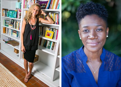 person standing in front of book shelf and close up of person smiling