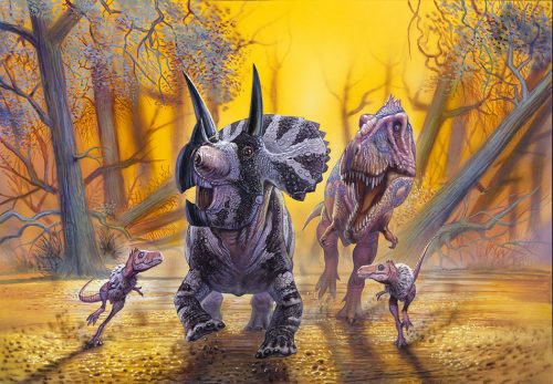 painting of 4 dinosaurs