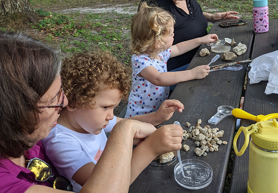 children and adults sitting at a picnic table and looking closely at rocks
