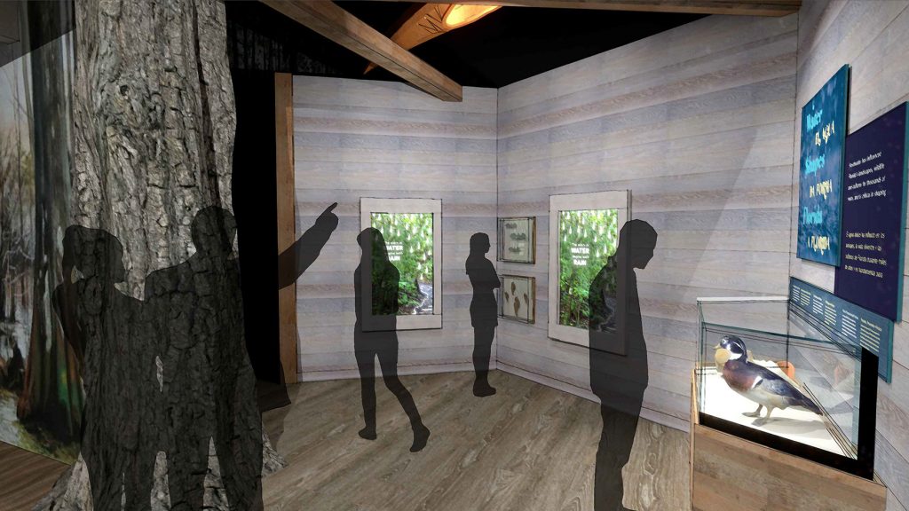 rendering of people in a log cabin