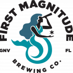 a logo for First Magnitude Brewing C with a line drawing of a mermaid looking through a small telescope and holding a star