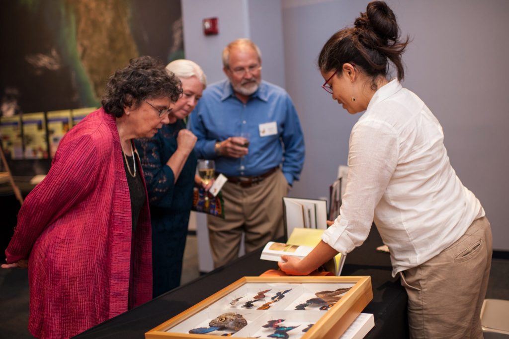 visitors learn about butterflies from a researcher