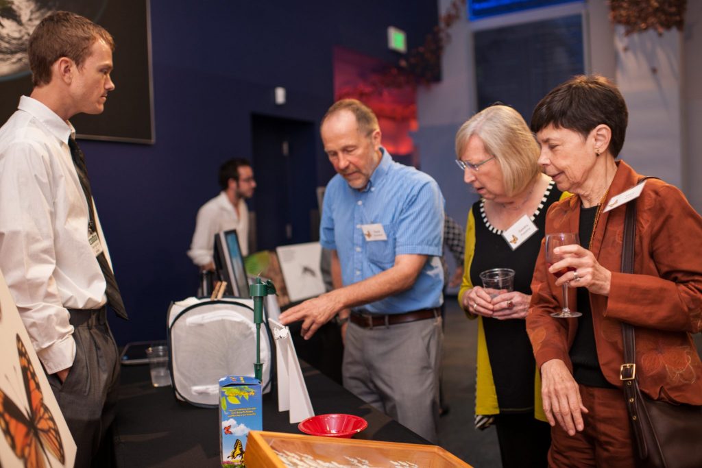 visitors learn about butterflies from a researcher