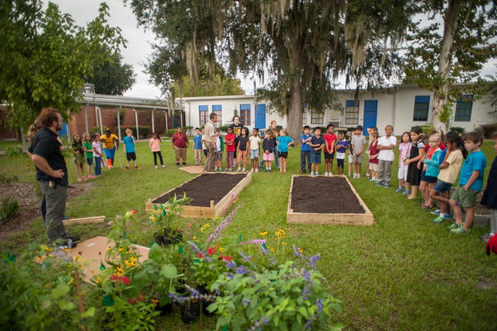 children standing around two freshly tilled garden beds