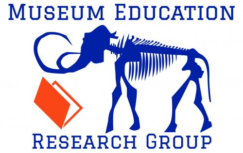 A blue mammoth skeleton reading an orange book with the words Museum Education Research Group