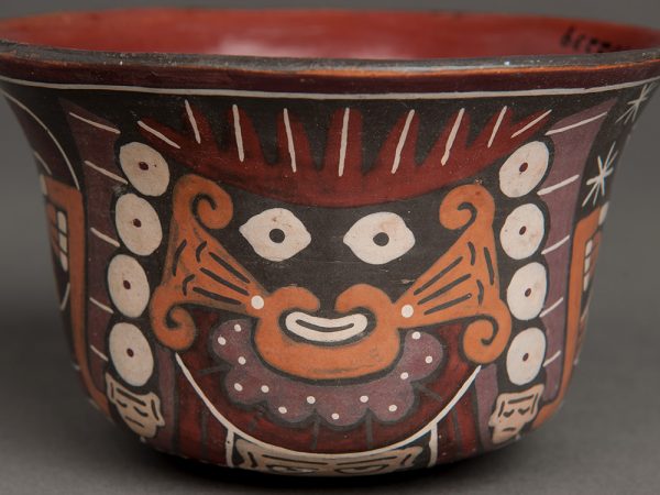 bowl painted with figure in black, orange, purple and red