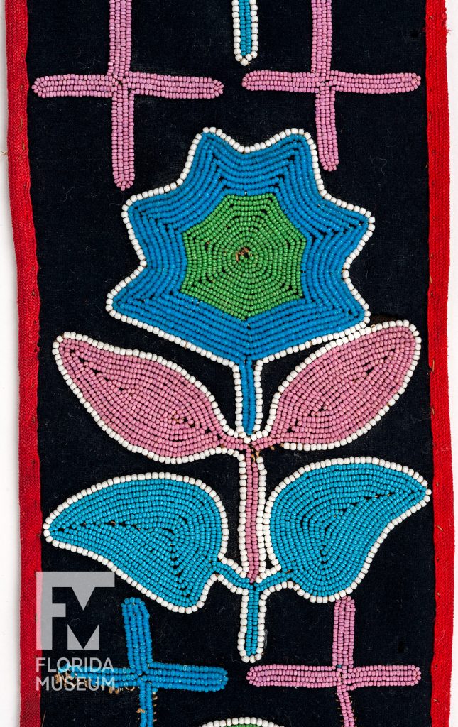 flower designs sewn from small glass seed beads on the strap of a shoulder bag