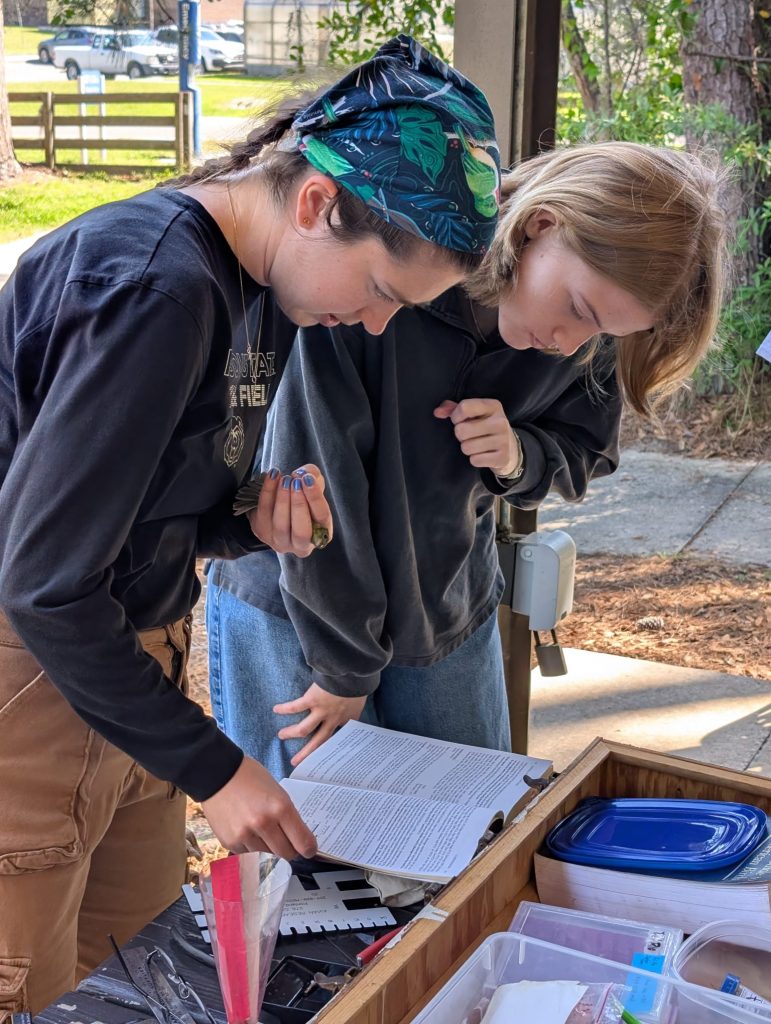 Students learning how to age and collect data on birds at the UFBO