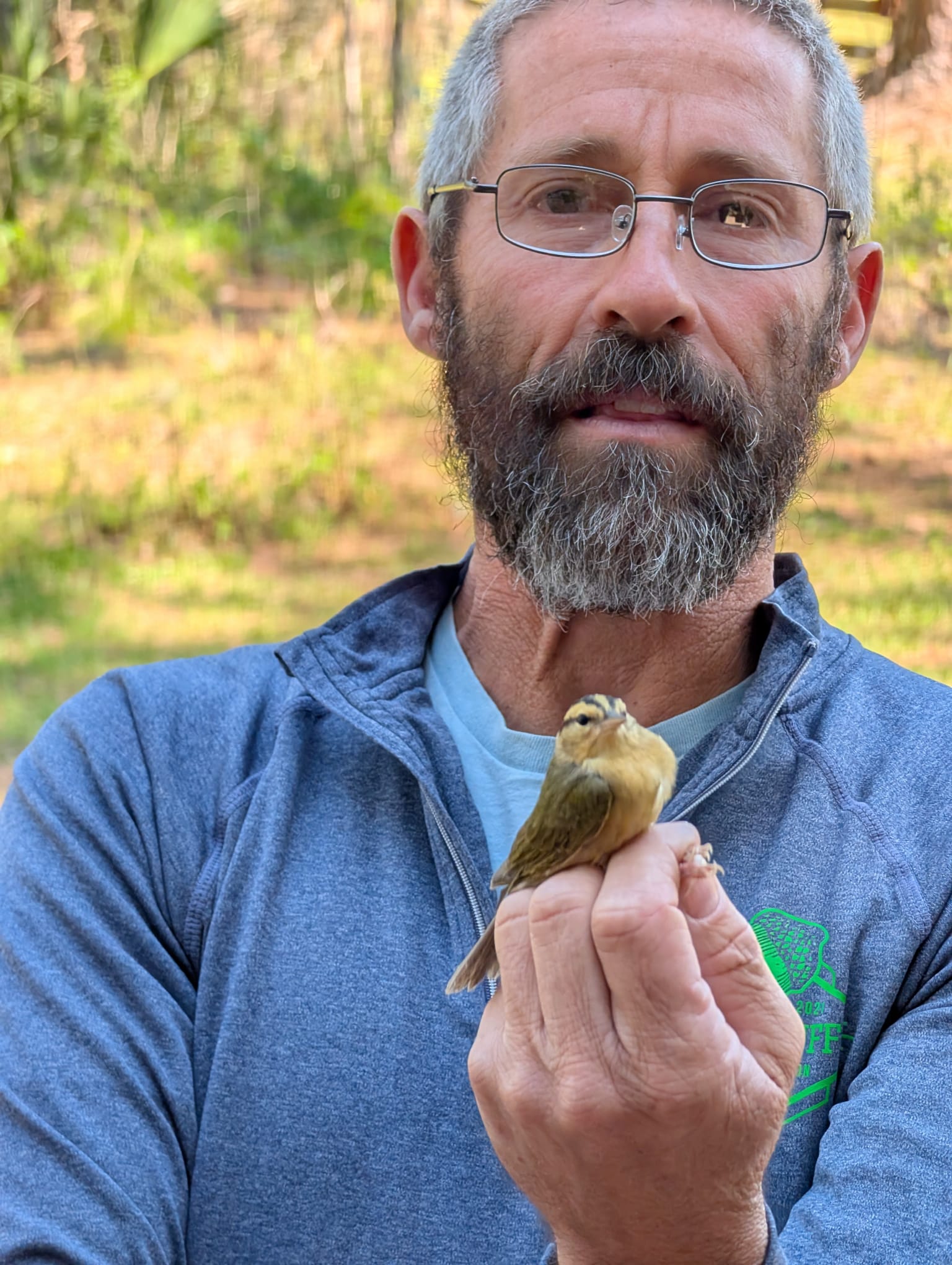 Charles Muise with a Worm-Eating Warbler. The UFBO manager has banded more than 10 thousand birds!