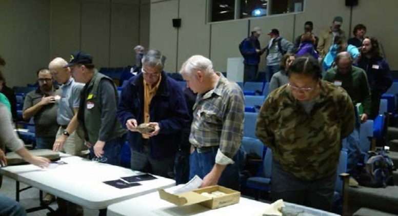 Image center: Dr. Burt Carter (blue jacket), Invertebrate Paleontolgoist and Professor at Georgia Southwestern State University. Richard 
Arnold (plaid shirt), Secretary, Mid Georgia Gem and Mineral Society
