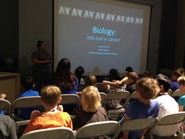 Presenting to Sharks and Minnows campers at the FloridaMuseum of Natural History. Photo courtesy of Victor Perez.