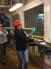 Figure 2: The first core to come on deckat our third site in the Tasman Sea. The
sediment in this core is really young
(latest Neogene), and I have been
conducting some research using it