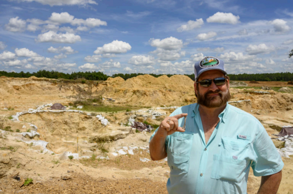 Hodge displays the fossil coracoid, the largest and strongest of three bones that make up a bird’s shoulder, from his namesake heron. Credit: Kristen Grace/Florida Museum