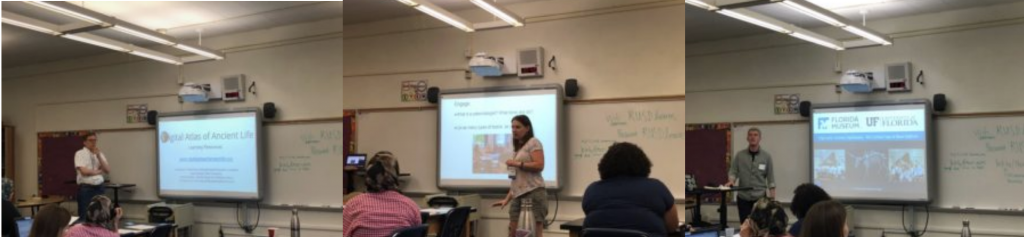 Jon Hendricks exploring the Digital Atlas of Ancient Life and all the resources stored there!; Alycia Stigall giving an introduction to an activity using the virtual teaching collection on the Digital Atlases of Ancient Life; Michael Zeigler walking through a lesson plan he developed with Liz Lewis on bite marks in the fossil record. Available on iDigFossils.