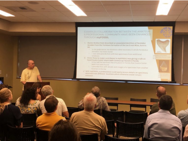 Bill Heim presenting during the FOSSIL Symposium on successful collaborations between professional and amateur paleontologists. Photo by Sadie Mills.