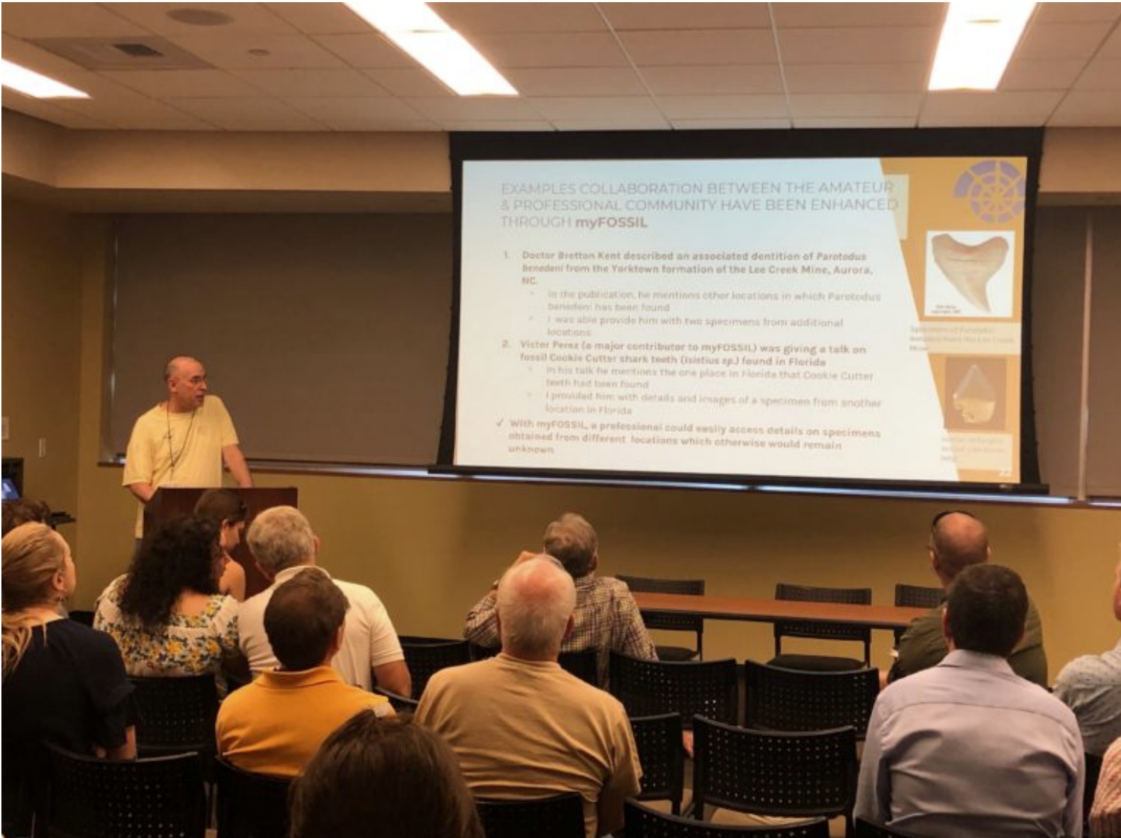 Bill Heim presenting during the FOSSIL Symposium on successful collaborations between professional andamateur paleontologists. Photo by Sadie Mills.
