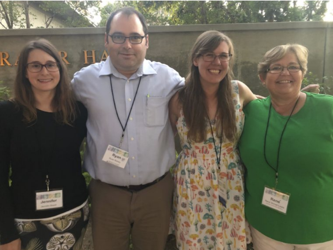 While at NAPC, I was able to catch up with my lab group from graduate school! Here is, from left to right, Jennifer Bauer (currently a postdoc at The University of Florida, but transitioning to collections manager atThe University of Michigan), Ryan Roney (curator at the Tellus Science Museum in Georgia), myself (assistant
professor at the University of South Florida), and Rene Shroat-Lewis (assistant professor at the University of
Arkansas at Little Rock).