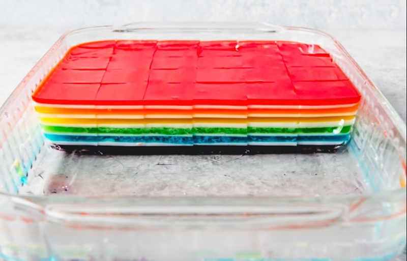 pan of layers of jell-o, each layer a different color