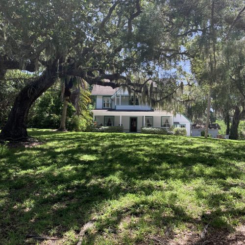 historic home with shadows from giant oak