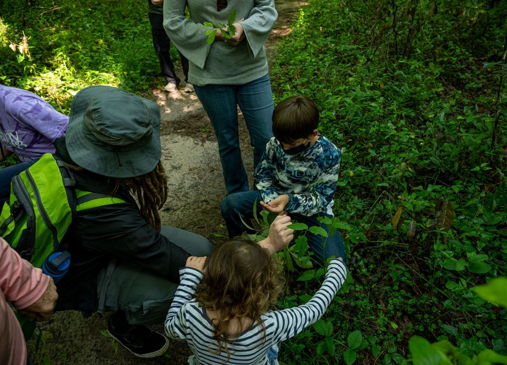 researcher and two children kneel at the edge of a path and look at plants growing in San Felasco state park