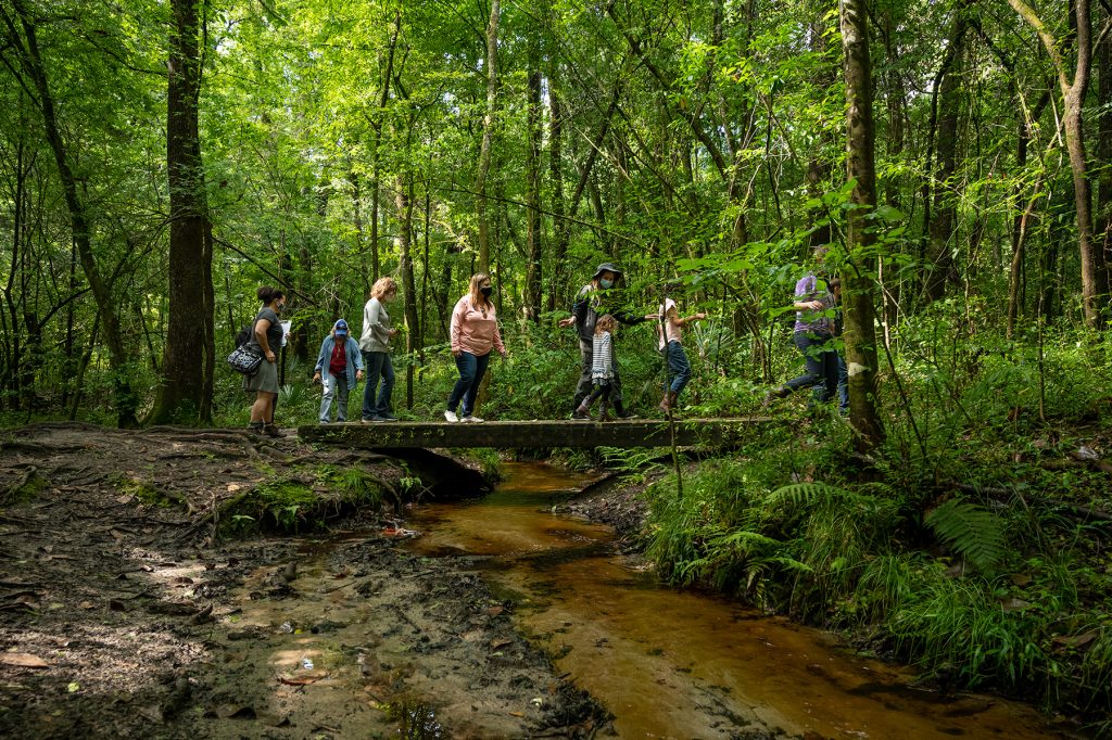group of people, adults and children, walk over a wooden footbridge over a thin narrow stream