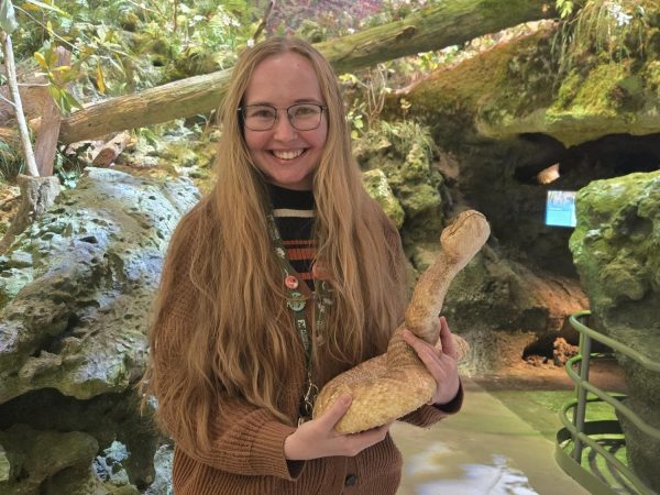 woman standing in Water Shapes Florida Exhibit holding a snake model