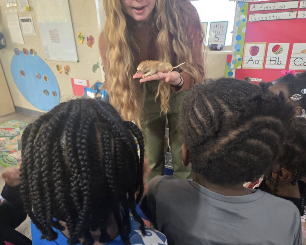 Anna Mavrodieva showing young students a mouse specimen