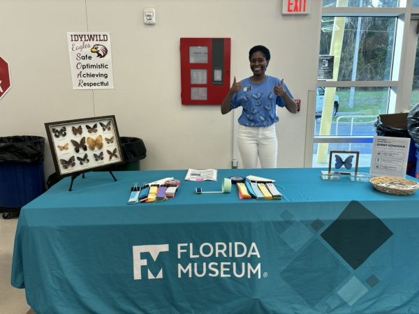 Education team member stands behind a table set with Florida Museum activities and specimen displays