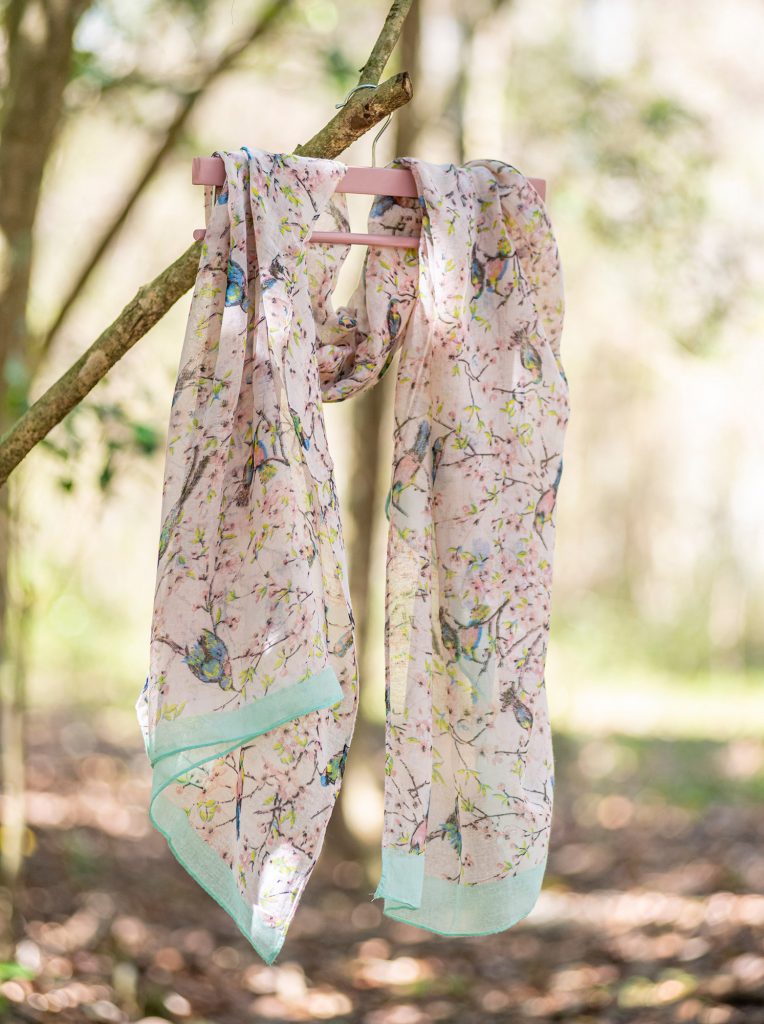 lightweight scarf with printed with flowers and butterflies