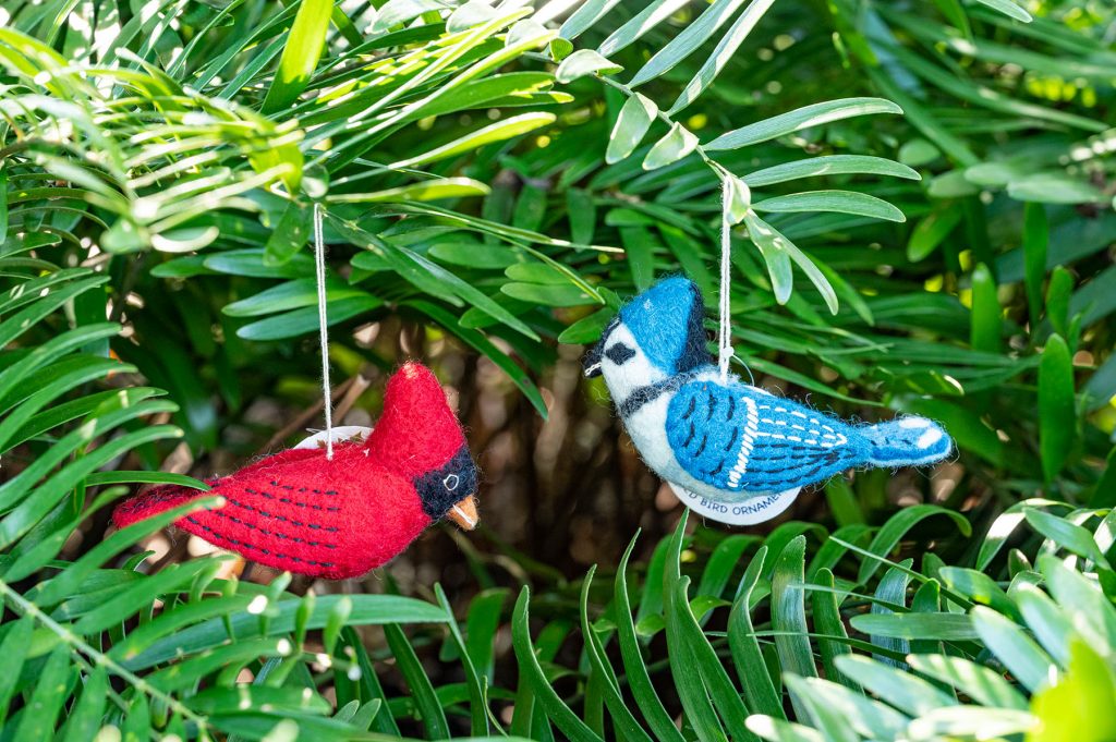 felt cardinal and blue jay ornaments