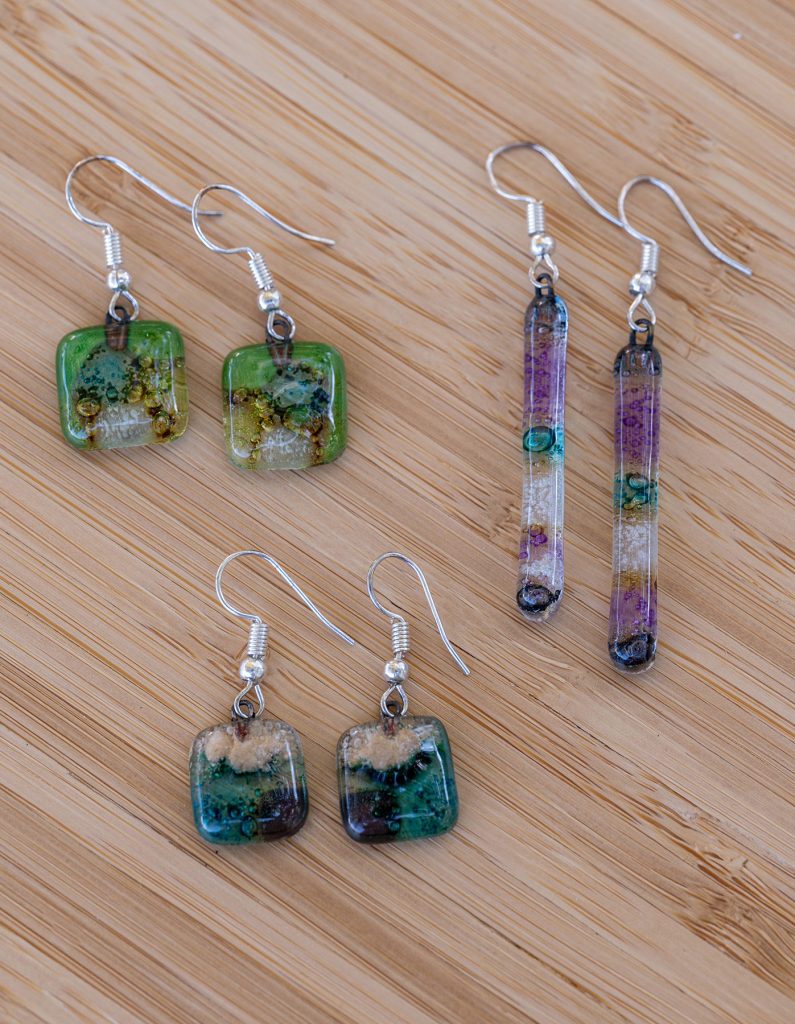 three sets of fused glass earrings, square and rectangle shaped