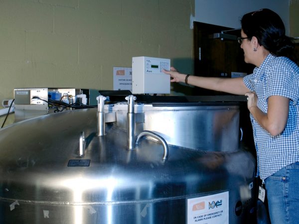 Genetics Resource Repository research assistant Lorena Endara calibrates the freezer. (c) Photo by Jeff Gage.
