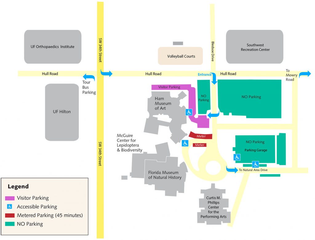 Map showing parking options. You must enter the Cultural Plaza parking lot from Hull Road and signs will direct you to public parking near the Harn Museum.