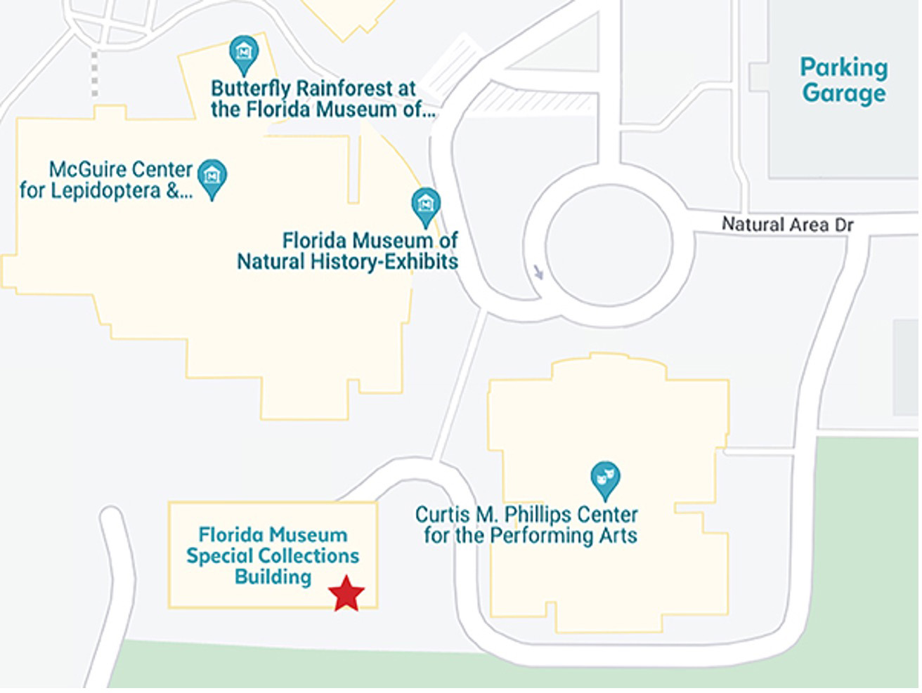 Map showing where deliveries to the Special Collections Building should be made. You must use the driveway that goes behind the Performing Arts Center to reach the Special Collections Building by vehicle.