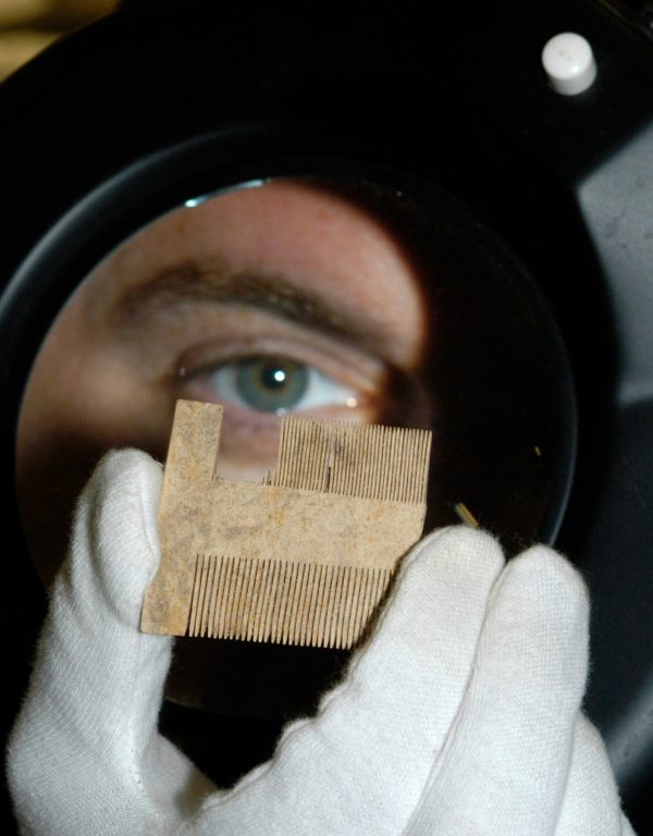 David holds up bone louse comb