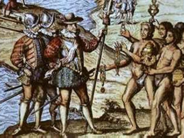 engraving of Columbus landing in the caribbean