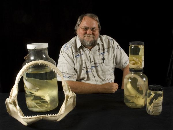 George Burgess with shark bones and specimens