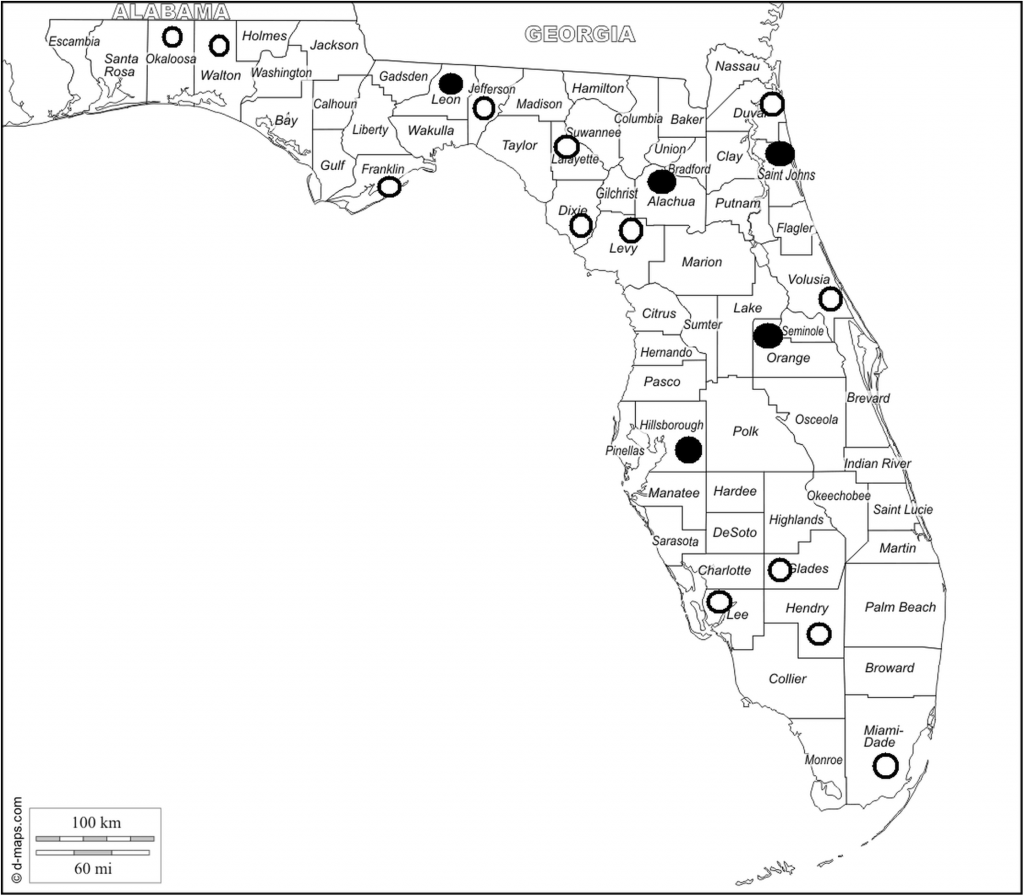 Closed circles mark the five Florida counties that tested positive for rat lungworm. The parasite was not detected in counties marked with an open circle. Map courtesy of Stockdale Walden et al. in PLoS ONE