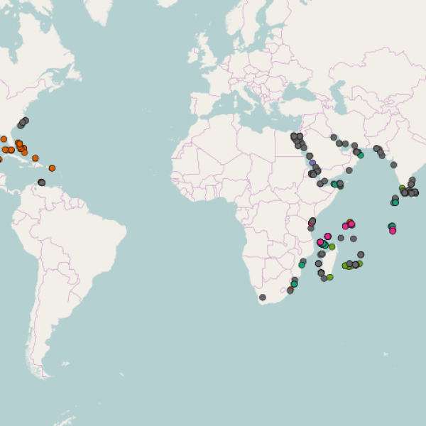 map showing many lionfish collected across the world