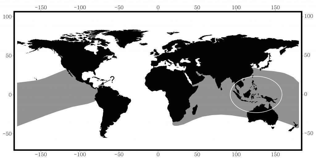 The gray areas on this map represent the distribution of sea snakes throughout the Pacific and Indian Oceans. The white circle marks the region where sea snakes evolved. Figure in Lillywhite et al. and modified from Rasmussen et al. (2011)