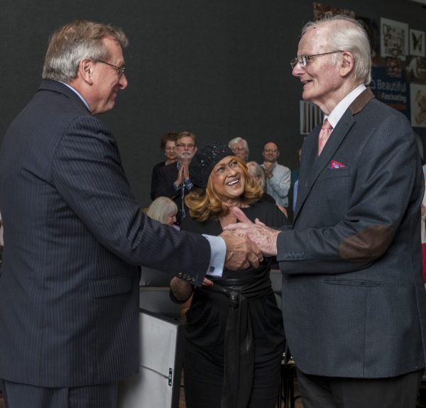 University of Florida President W. Kent Fuchs, left, congratulates Peter Pritchard on receiving the 2017 Carr Medal Award. Florida Museum photo by Kristen Grace