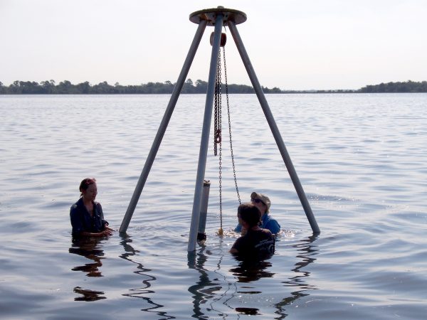 Students collect sediment in water site