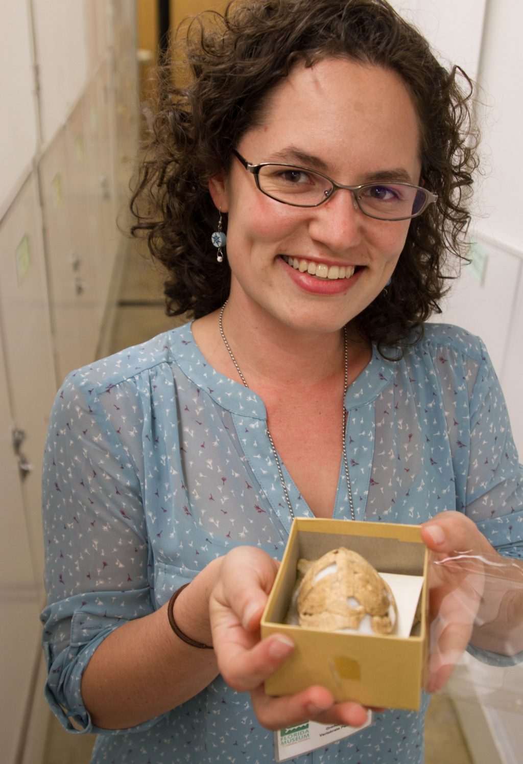 A researcher holds a fossil turtle shell