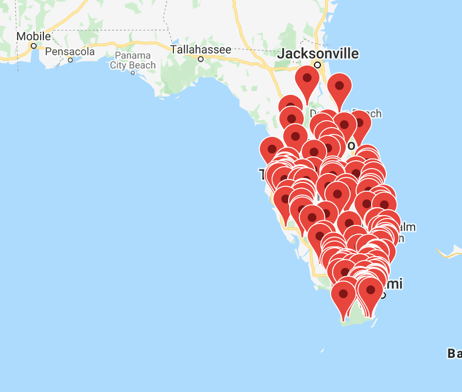 Walking catfish in Florida. A map of Florida